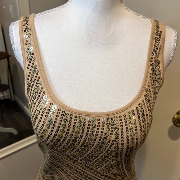 Cache Tan with Gold Sequins Tank Top, Size Small - Picture 2 of 14
